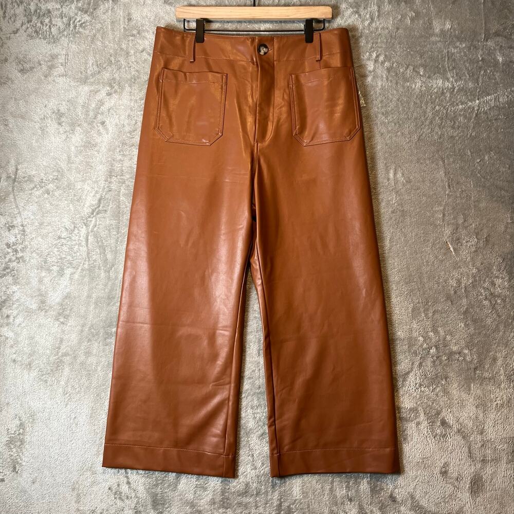 Maeve Anthropologie Sz 33‎ Colette Faux-Leather Cropped Wide Leg Pants Brown New